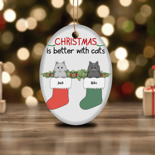 Better with Cats Ceramic Oval Ornament [Up to 3 Cats]